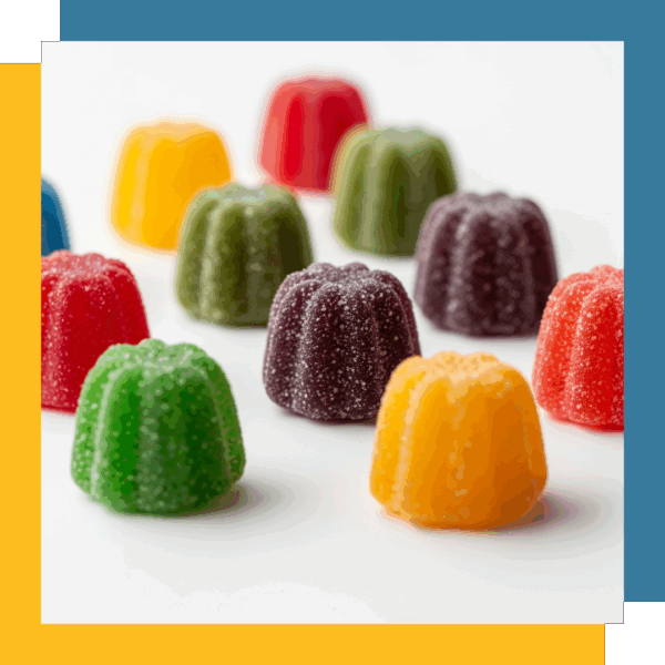 A close-up view of neatly arranged, colorful cannabis edible gummies.