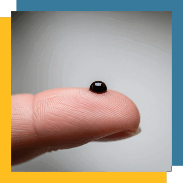 A close-up of a finger holding a tiny, rice-sized dose of RSO.