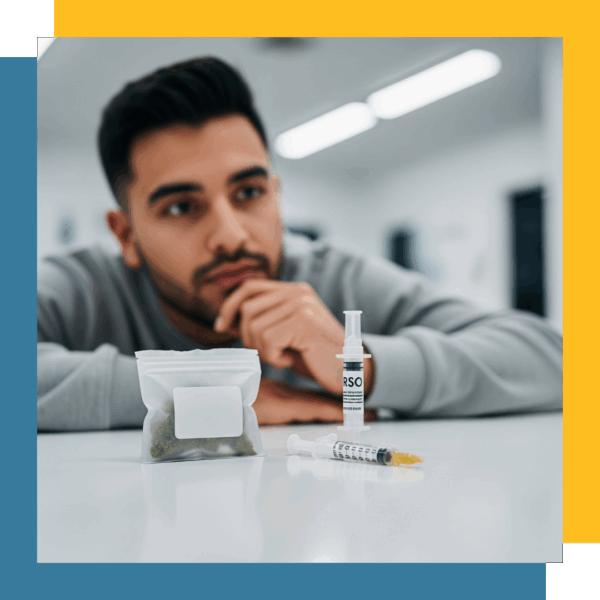 A person thoughtfully considering a choice between cannabis edibles and an RSO syringe.