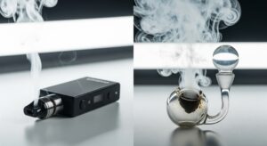 A split image comparing a modern dry herb vaporizer producing clean vapor to a traditional pipe producing thick smoke.