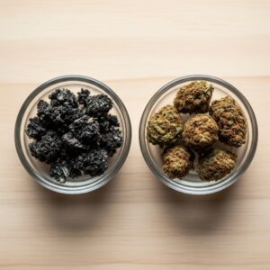 A side-by-side comparison of black ash from smoking and brown, vaped bud from a vaporizer.