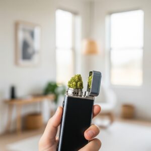 A hand holding an open portable dry herb vaporizer filled with ground cannabis flower.