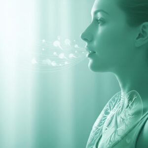 An artistic representation of a person taking a deep, clean breath, symbolizing respiratory health.