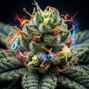 A macro shot of a trichome-rich cannabis bud with colorful light swirls representing terpenes.