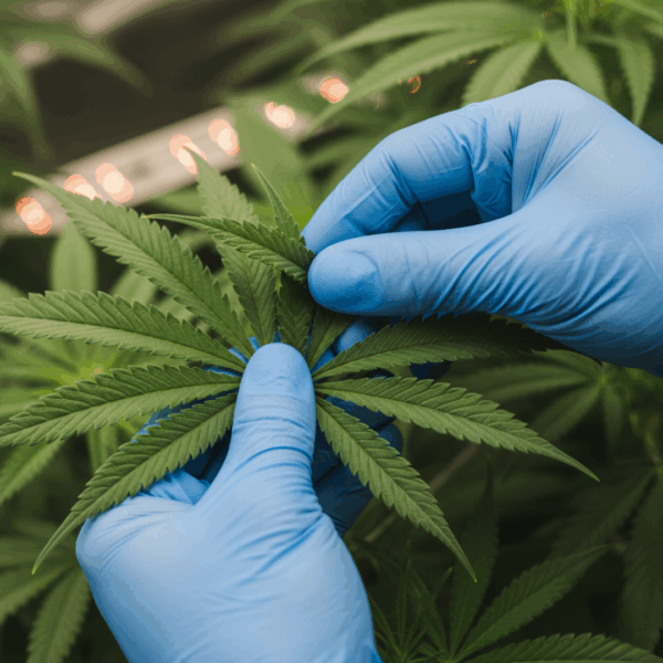 Hands gently inspecting cannabis leaves