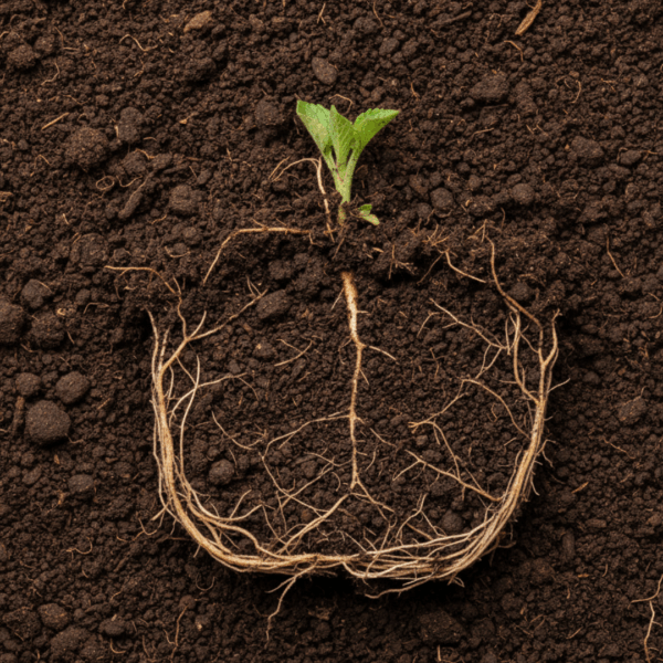 Close-up of rich, living soil with plant roots