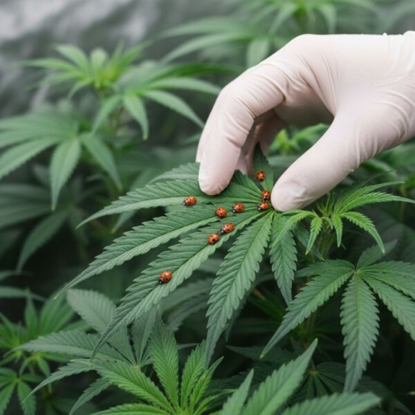 cannabis leaves with lady bugs