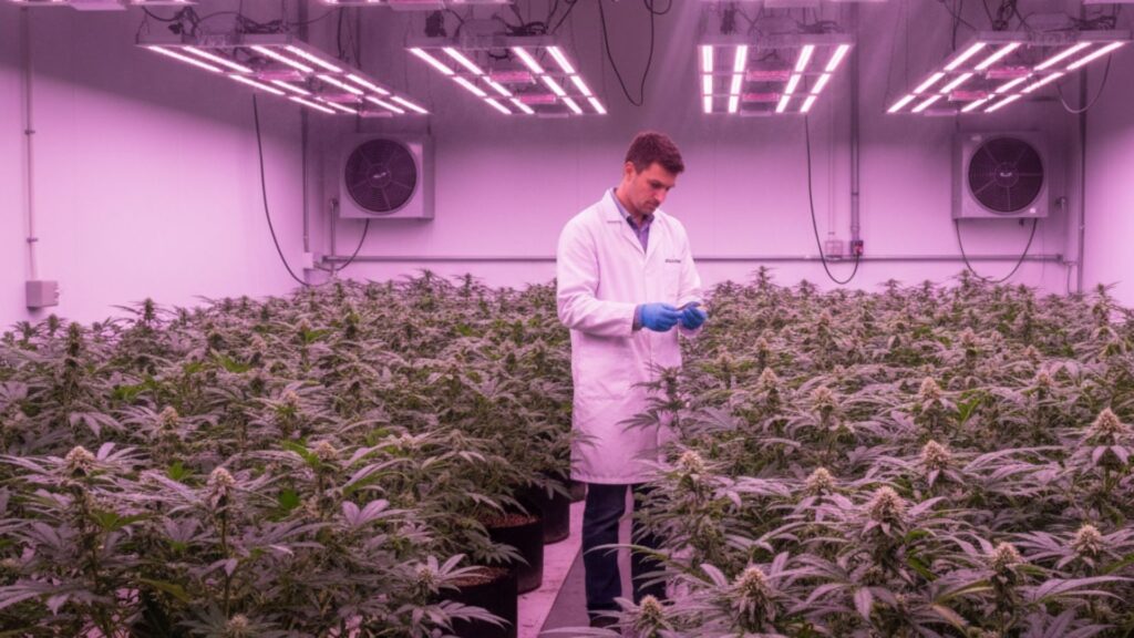 person in lab coat checking plants