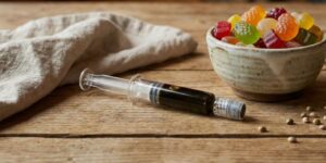 Syringe filled with dark RSO cannabis oil placed next to a rustic bowl of assorted gummy candies on a wooden table setting.