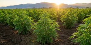 Wide landscape view of vibrant green cannabis plants growing outdoors in rich soil under golden hour sunlight, representing sustainable farming.