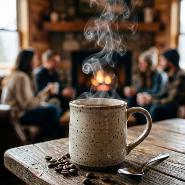 A close-up of a hand holding a cup of coffee with a mountain backdrop