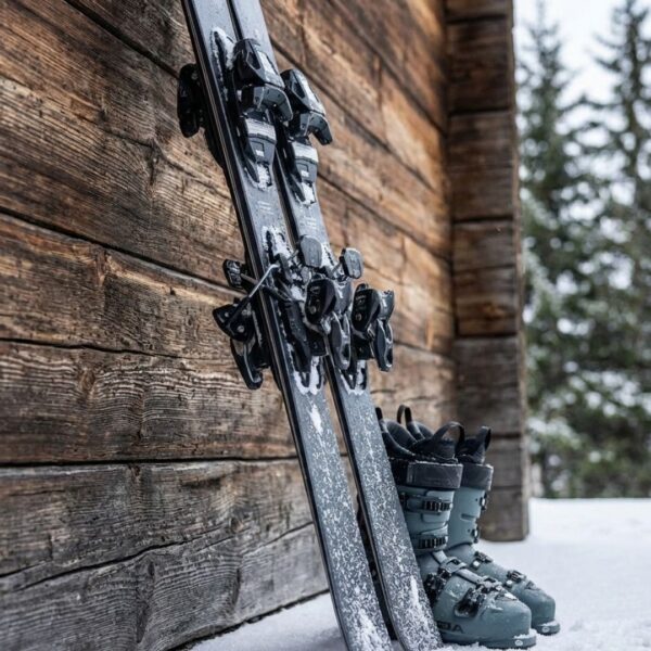 A pair of skis and boots leaning against a rustic wooden wall