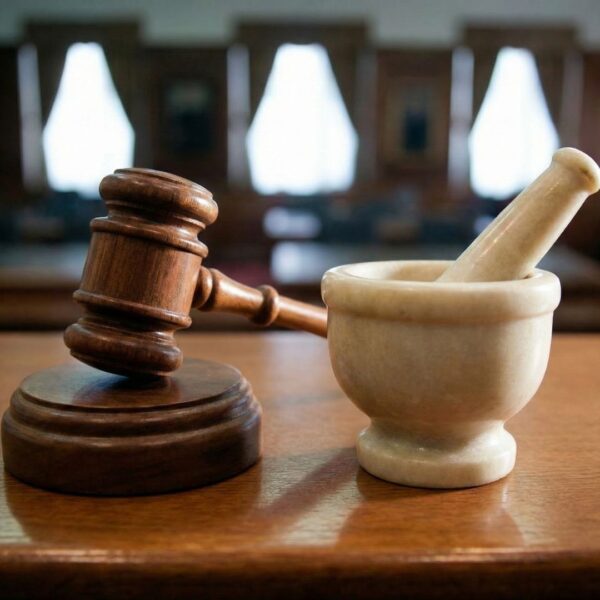 A wooden gavel and a mortar and pestle sit side-by-side on a polished wooden desk