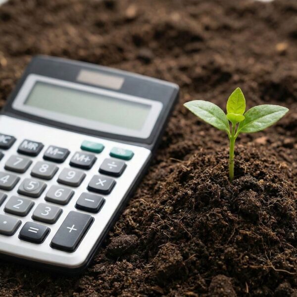A calculator rests on a pile of rich, organic soil next to a small, sprouting green plant