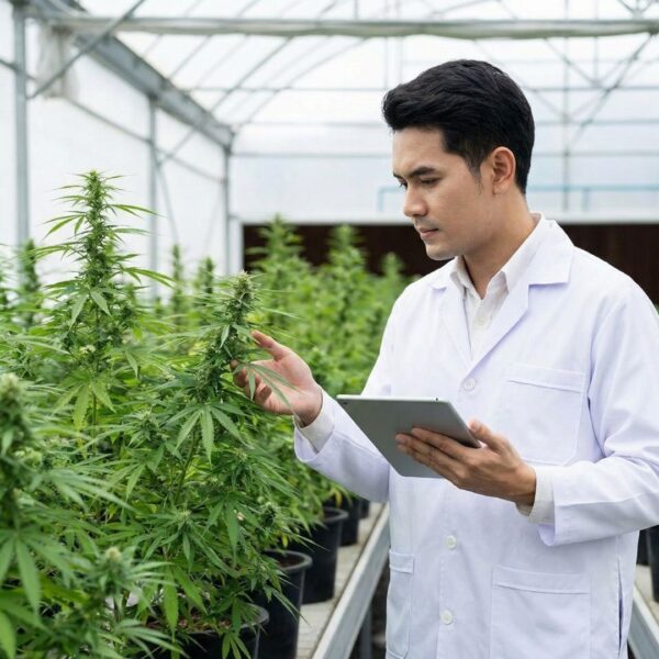 A scientist in a white lab coat holds a tablet and inspects a cannabis plant inside a modern greenhouse
