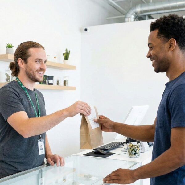 A friendly budtender in a clean, modern dispensary hands a product in a bag to a smiling customer.