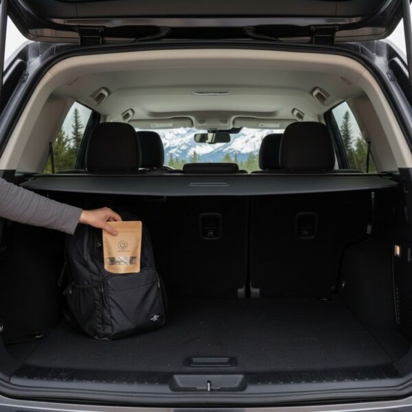 A person places a sealed brown paper bag into a black backpack located in the trunk of a vehicle with mountains in the distance.