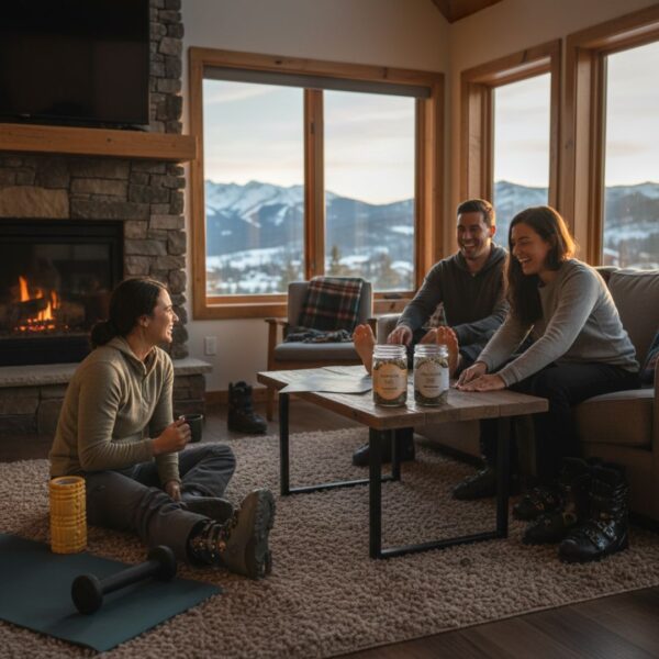 Friends relax in a cozy mountain lodge living room near a fireplace with recovery gear and cannabis jars on the coffee table.