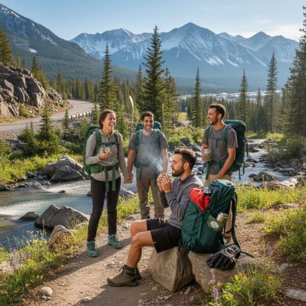 Four friends in hiking clothes stop along a dirt trail next to a creek. One man sits on a rock holding a small pipe, while the others stand around laughing and holding jars of cannabis.