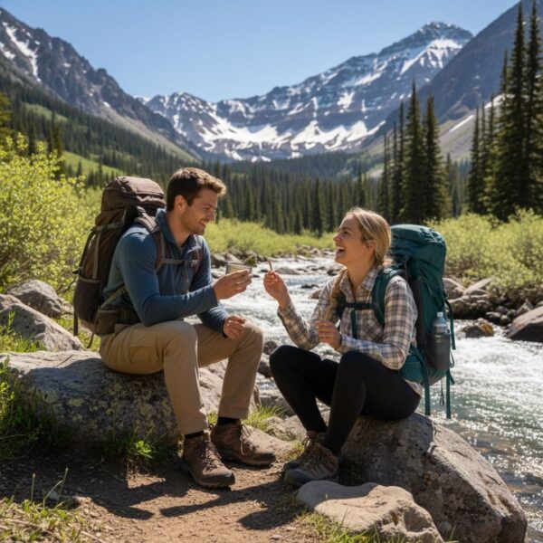 A man and woman in hiking gear take a break by a rushing mountain river. They are sitting on large rocks while sharing flower. 