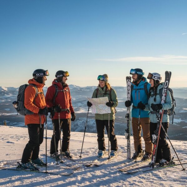 Five skiers and snowboarders in full winter gear stand in a circle on a snowy mountain peak under a clear blue sky.