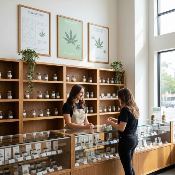 Interior of a bright, modern cannabis dispensary with light wood shelving and glass display cases.