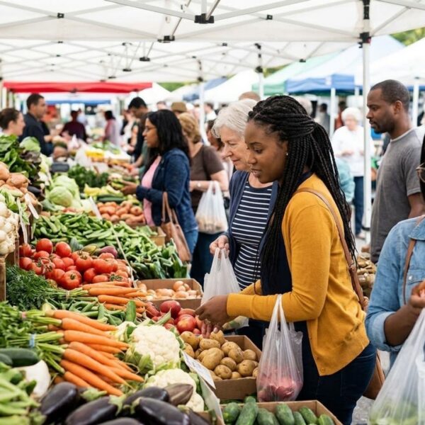 A diverse group of people shopping at a Bozeman farmers market