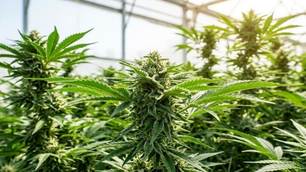Lots of cannabis plants in a greenhouse