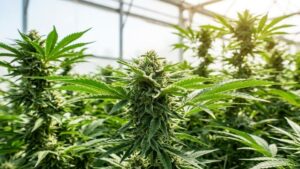 Lots of cannabis plants in a greenhouse