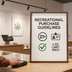 A framed sign on a wooden counter reads "RECREATIONAL PURCHASE GUIDELINES" for "GREEN LIFE DISPENSARY." It features icons and text outlining rules: a "21+" age restriction, an ID card graphic, a green checkmark, and a "1 OZ. LIMIT (REC)." In the foreground, a hand uses a payment terminal, while a minimalist dispensary interior is blurred in the background.