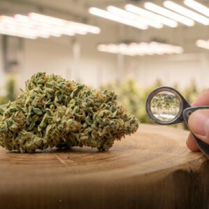 A close-up of a dense cannabis flower bud resting on a polished wooden slab. On the right, a hand holds a small jeweler's loupe magnifying glass, while a brightly lit indoor cannabis cultivation facility with rows of plants and overhead lights is blurred in the background.