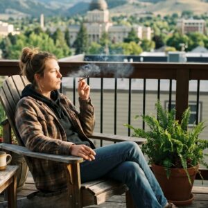 A woman wearing a flannel shirt and jeans sits relaxed in a wooden chair on an outdoor balcony, smoking a hand-rolled joint. A potted fern sits beside her on the deck, while the background features a sunny cityscape with a domed capitol building and distant rolling hills.