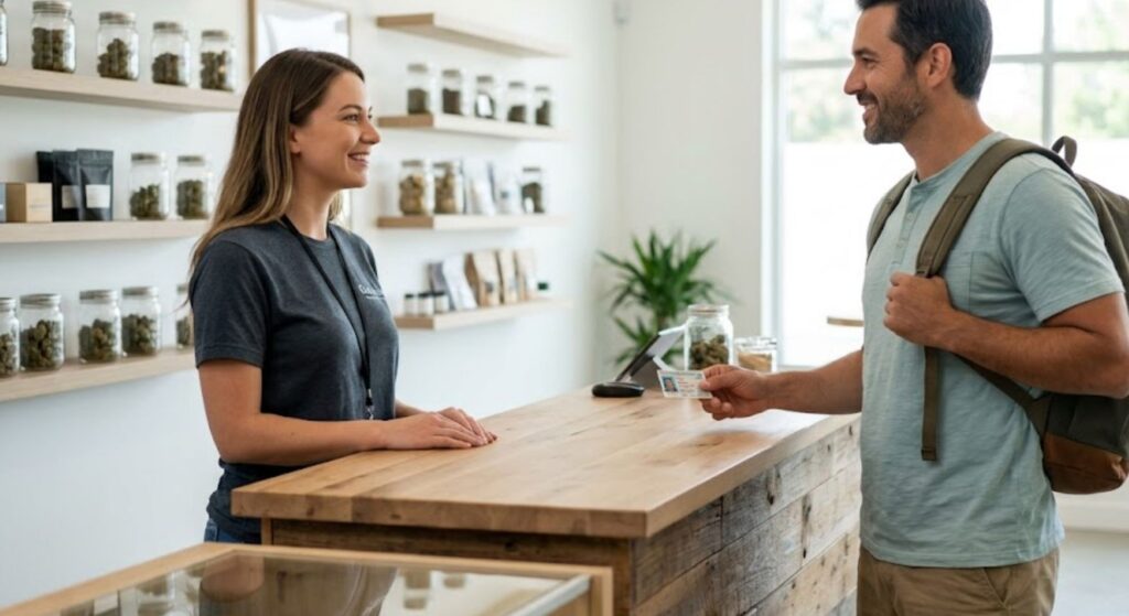 A friendly dispensary worker smiles at a tourist holding his out-of-state identification over a counter.