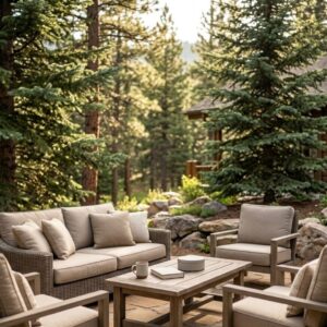 A comfortable private patio at a home, featuring outdoor seating surrounded by large evergreen trees.