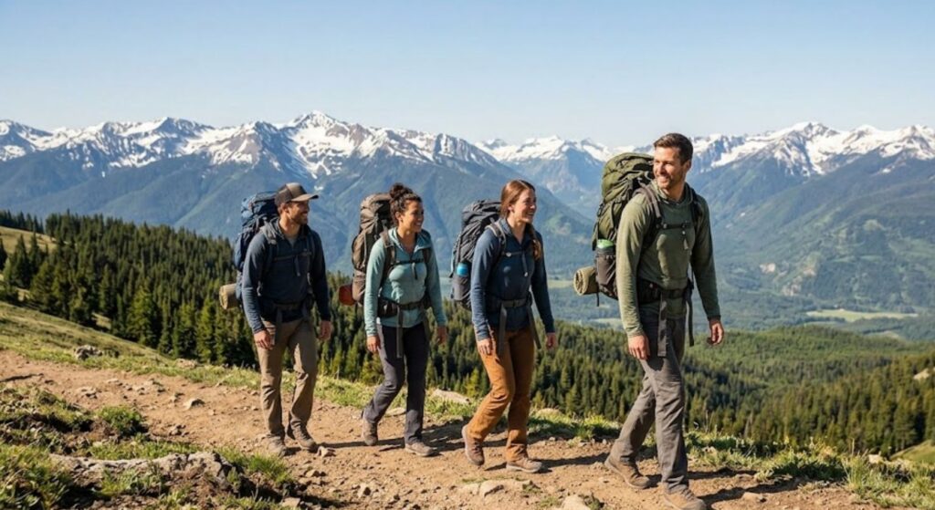 Four adults backpack together on a remote mountain trail with panoramic mountain views under a clear sky.
