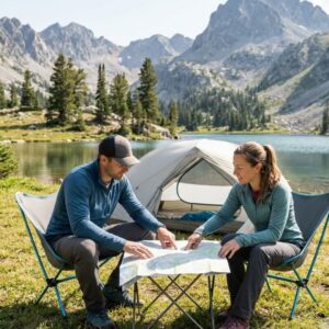 Two hikers relax by a mountain lake and consult a large paper map for their route.
