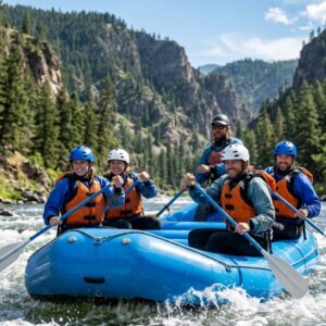 Four adults in safety gear paddle a raft through moderate whitewater on a forested canyon river.
