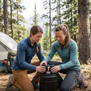A hiker packs unlabeled airtight containers into a black, scent-proof bear canister at a wilderness campsite.