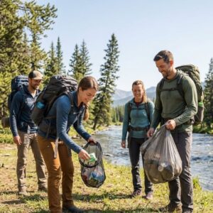 Backpackers diligently clean up small pieces of litter from their campsite near a pristine river.